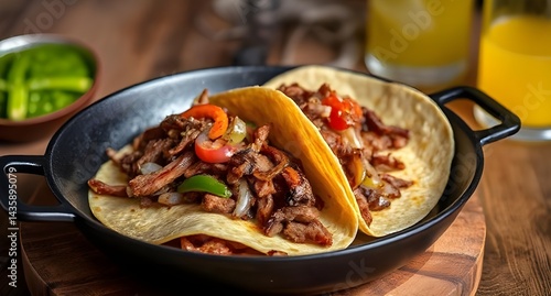 Delicious Tacos Served in a Pan with Fresh Ingredients on Wooden Table