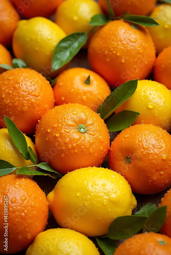 Vibrant Citrus Fruits with Dew Drops: Fresh Oranges and Lemons in a Lush Display