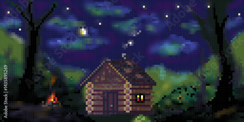 Pixelated night in the woods in old cabin 128x64 pixel art