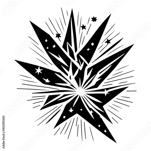 Stylized Bursting Star with Geometric Shapes in Graphic Black and White Design