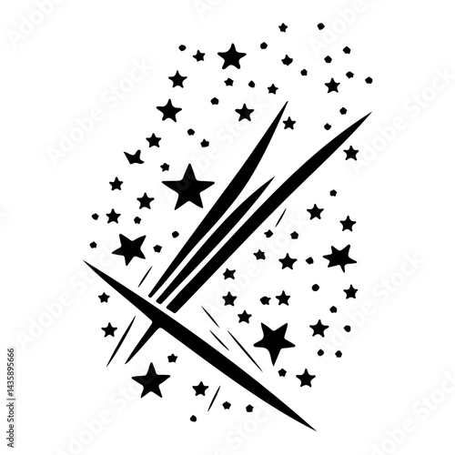Minimalistic celestial illustration featuring stylized stars and sharp trajectories