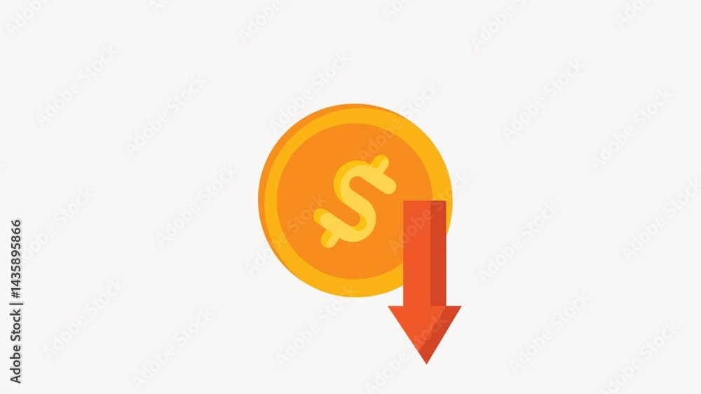 Deflation symbolized by a dollar coin with a downward arrow, depicts financial contraction, suitable for finance and economic concepts. Deflation symbolized by a dollar coin with a downward arrow, depicts financial contraction, suitable for finance and economic concepts.