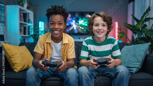 Child inviting a friend over to play a console game together in co-op mode.