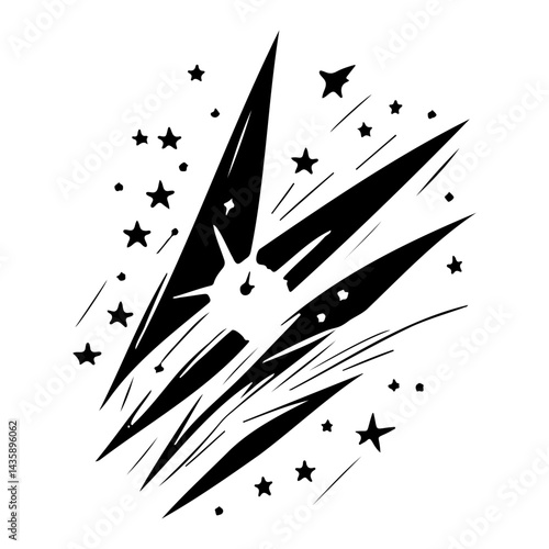 Stylized cosmic burst with star fragments and dynamic streaking for graphic designs