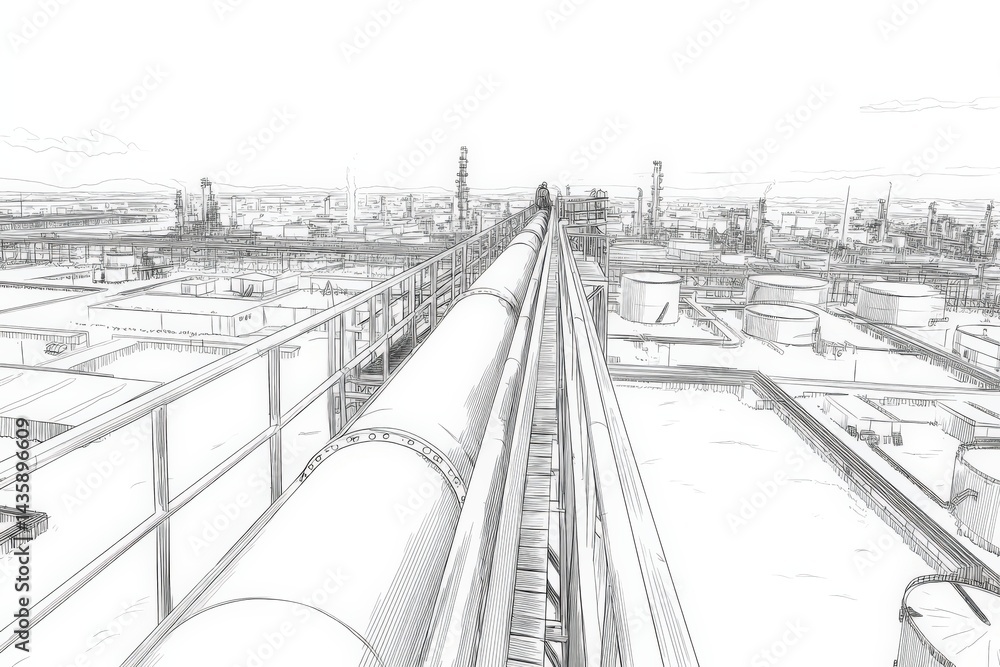 Industrial Pipeline View Over Factory Landscape with Tanks and Towers