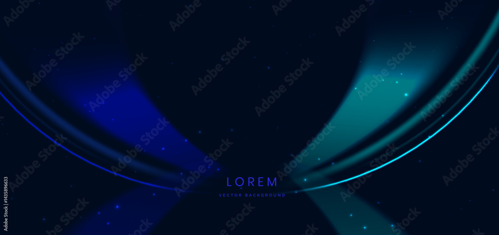 Obraz premium Abstract blue and green light rays on dark blue background with sparkle.
