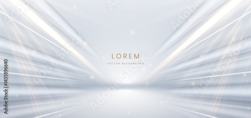 Abstract luxury white ray on grey background. with gold lighting effect sparkle. Frame for product design.