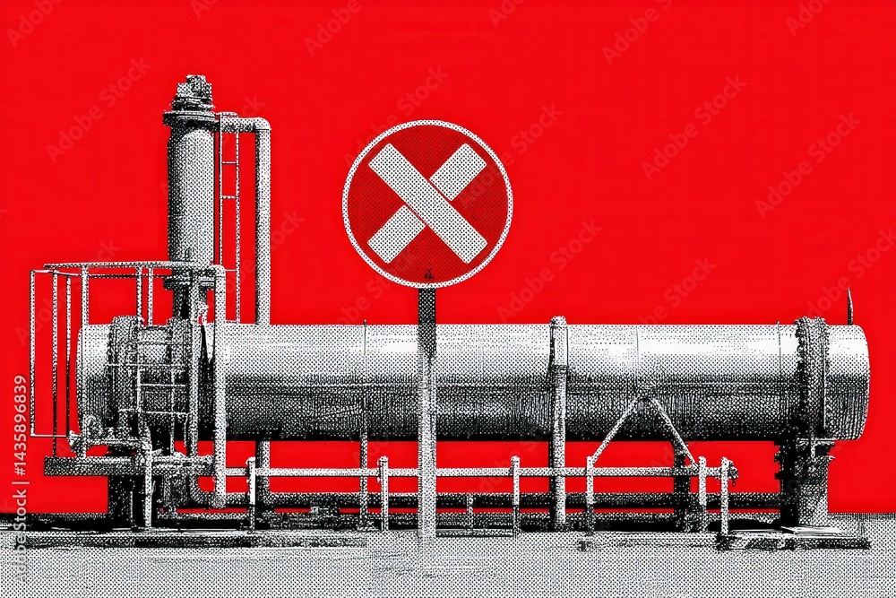 Industrial Pipeline with Prohibition Sign Against Bold Red Background