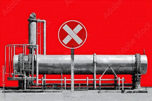 Obraz na płótnie Industrial Pipeline with Prohibition Sign Against Bold Red Background w salonie