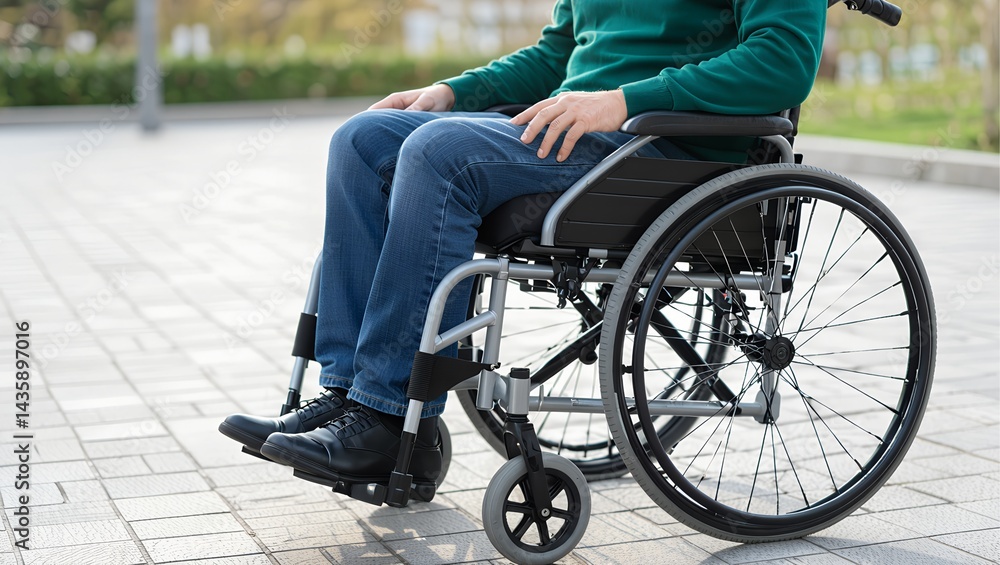 Man in a wheelchair outdoors on a paved path, wearing jeans and green sweater, concept of mobility and independence. with copy space.