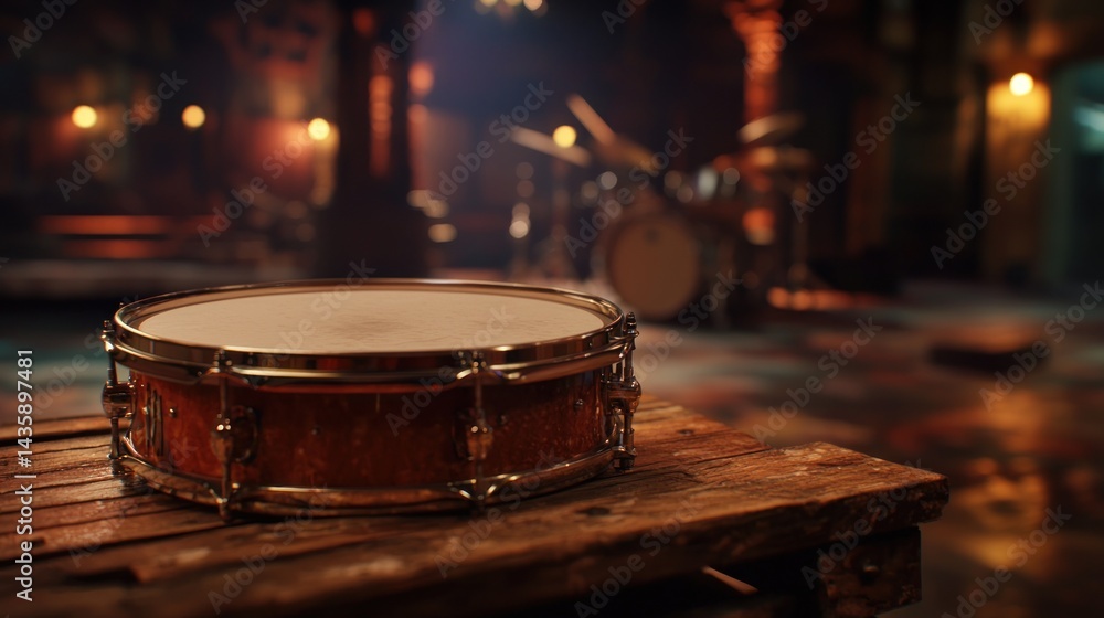 Obraz premium Vintage snare drum on rustic wooden table in dimly lit music venue