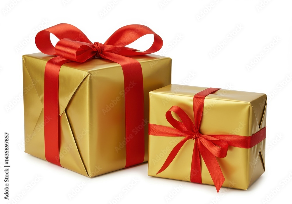 Fototapeta premium Gold gifts with red bow isolate on white background
