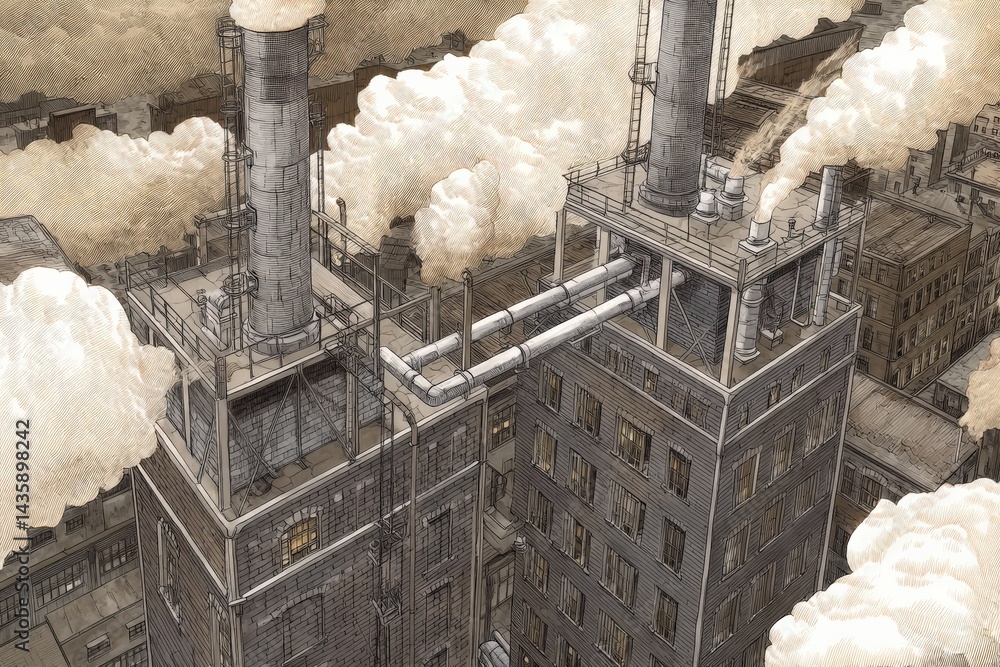 Industrial Rooftop with Smoke Stacks Over Cityscape Layout