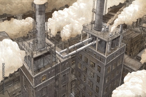 Obraz na płótnie Industrial Rooftop with Smoke Stacks Over Cityscape Layout w salonie