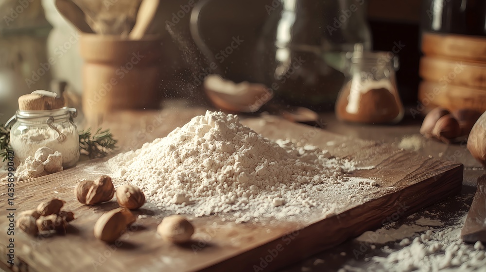 Fototapeta premium Wooden cutting board with flour and scattered walnuts