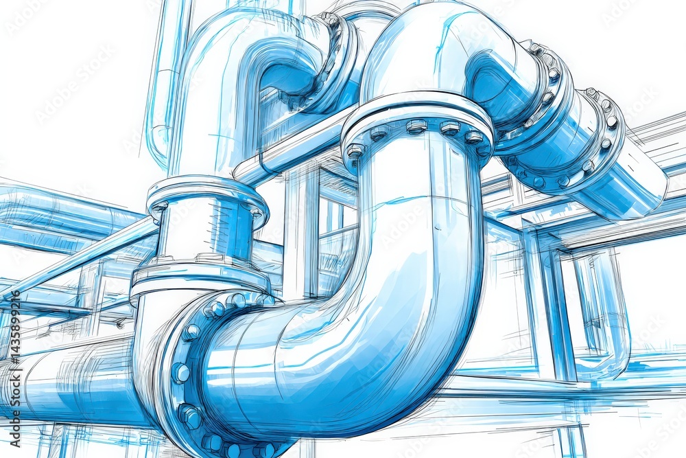 Industrial Sketch of Metallic Pipeline with Blue Highlights