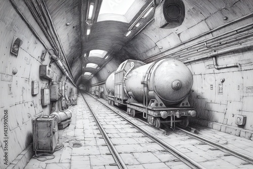 Industrial Train Carriage in Abandoned Underground Tunnel Scene