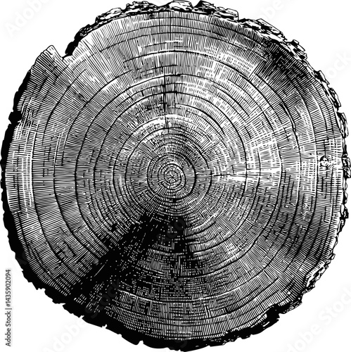 Detailed black and white tree ring illustration showing growth patterns. Vector illustration
