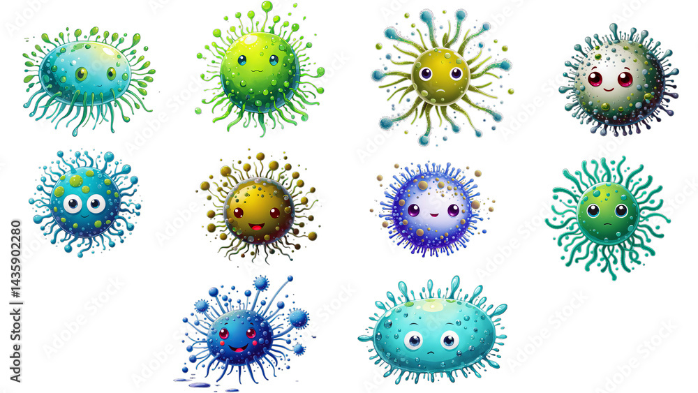 Set of eleven vibrant kawaii style virus illustrations on a transparent background. Bundle collection of cute germ, bacteria, and microbe characters with eyes and varied expressions.