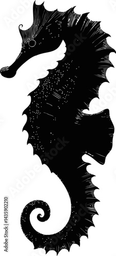 Black and white silhouette of detailed seahorse sketch, marine art concept. Vector illustration