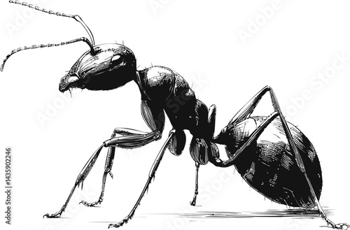 Detailed black and white illustration of an ant viewed from the side. Vector illustration