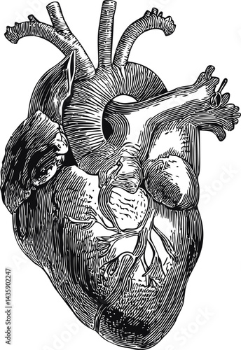 Detailed black and white illustration of an anatomical human heart. Vector illustration