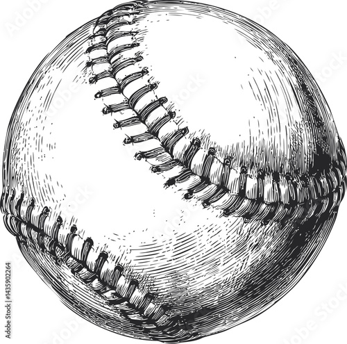Detailed vintage illustration of a baseball with intricate stitching lines. Vector illustration