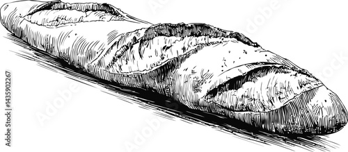 Detailed black and white sketch of a crusty baguette. Vector illustration