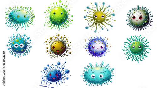 Obraz na płótnie Set of eleven vibrant kawaii style virus illustrations on a transparent background. Bundle collection of cute germ, bacteria, and microbe characters with eyes and varied expressions. w salonie