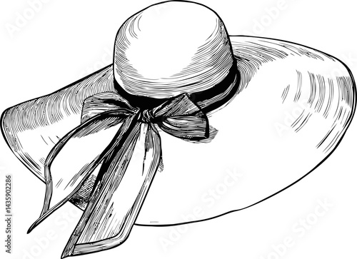 Wide brimmed hat with bow in detailed black and white illustration style. Vector illustration