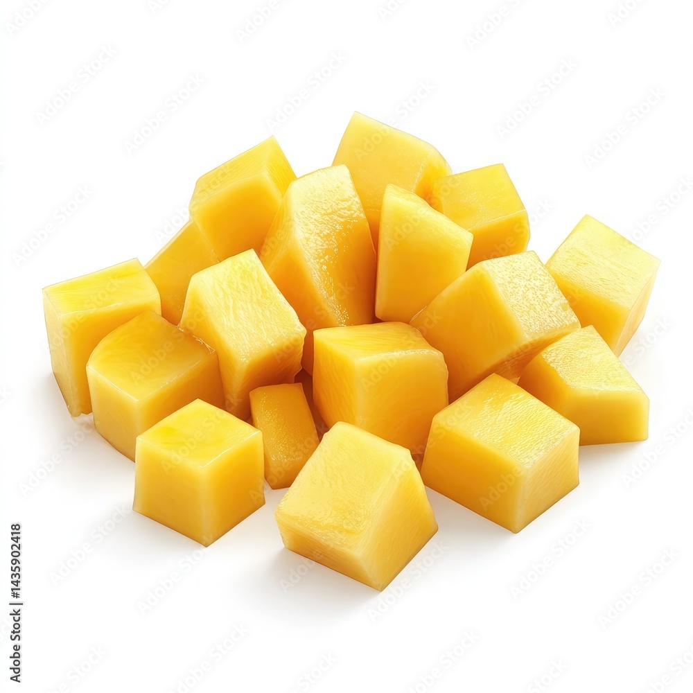 Mango slices, cut into cubes, isolated on a white backg simple and clean, low in detail, a single object, in an icon Mango slices, cut into cubes, isolated on a white backg simple and clean, low in detail, a single object, in an icon