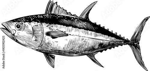 Detailed black and white illustration of a tuna fish with intricate patterns. Vector illustration
