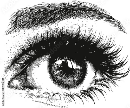 Monochrome detailed illustration of a human eye with lashes and eyebrow. Vector illustration