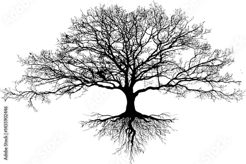 Silhouette of a tree with intricate branches and roots against white backdrop. Vector illustration