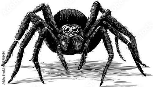 Detailed black and white illustration of a spider with eight legs and large eyes. Vector illustration