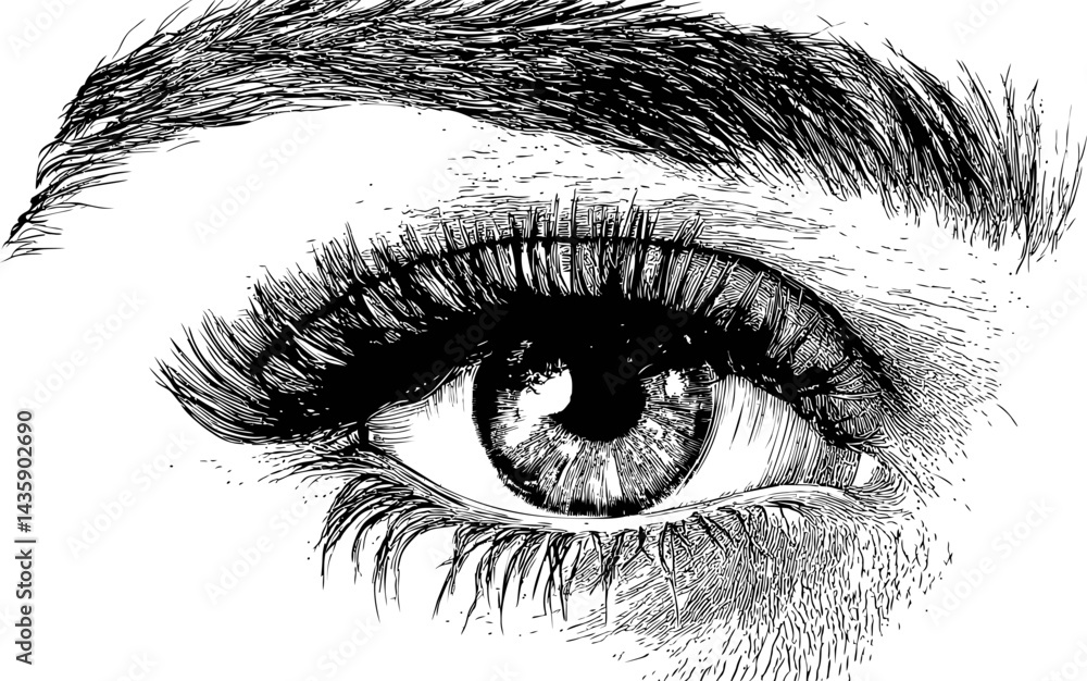Obraz premium Detailed black and white sketch of a human eye with intricate eyelashes, drawing. Vector illustration