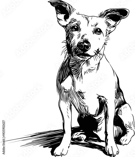Black and white sketch of sitting dog with expressive eyes. Vector illustration