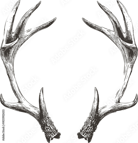Detailed illustration of symmetrical ornate deer antlers in black and white. Vector illustration