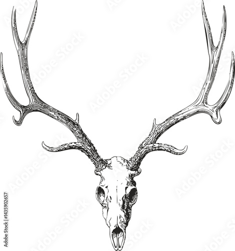 Detailed line drawing of a deer skull with long antlers. Vector illustration