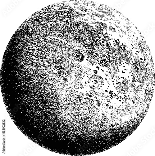 Detailed black and white moon illustration with craters, stippling technique. Vector illustration