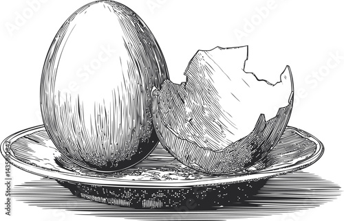 Realistic illustration of whole and cracked eggshell on a plate, ink drawing. Vector illustration