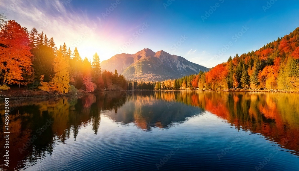 Fototapeta premium Tranquilo lago otoñal al amanecer con reflejo de montaña, fotografía hiperrealista,
