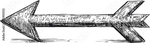 Hand-drawn wooden arrow sketch pointing left with detailed engraving. Vector illustration