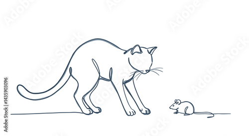 Outline of a cat with curious mood approaching a small mouse on light background