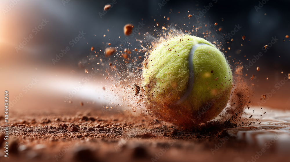 Close-up capturing a tennis ball striking a red clay court, creating a dramatic explosion of dust and flying particles in motion