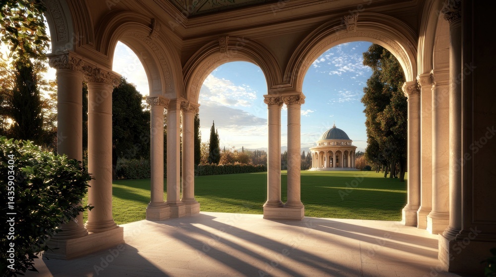 Fototapeta premium Elegant archway garden pavilion, sunlight, tranquil park scene