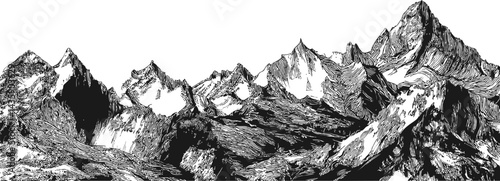 Monochrome engraving of rugged mountain peaks in detailed line art style. Vector illustration
