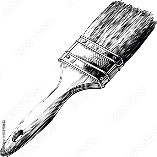 Detailed black and white sketch of a paintbrush with wooden handle. Vector illustration