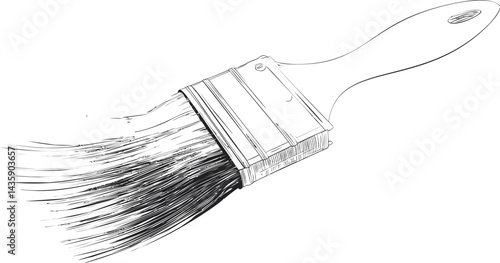Black and white sketch of a paintbrush with detailed bristles and handle. Vector illustration