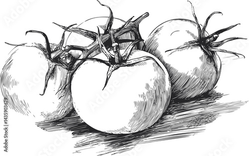 Sketch of three ripe tomatoes with stems in black and white drawing. Vector illustration